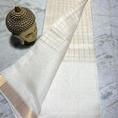 Bhagalpuri Handloom Cotton Silk Check Half Body Saree for women's (White)