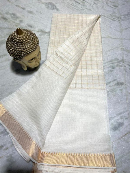 Bhagalpuri Handloom Cotton Silk Check Half Body Saree for women's (White)