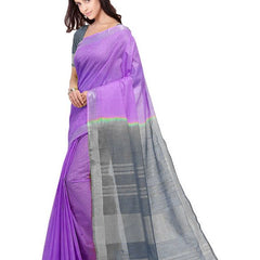 Lilac Purple & Grey women's Bhagalpuri Handloom Linen Slub Blend Two Dye Saree With Running Unstitched Blouse Piece - View 3