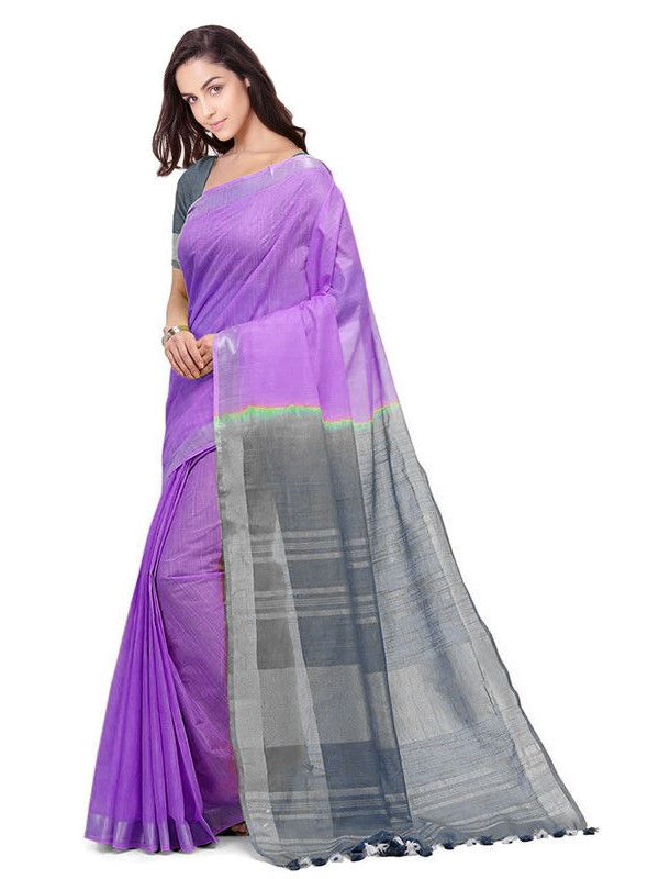 Lilac Purple & Grey women's Bhagalpuri Handloom Linen Slub Blend Two Dye Saree With Running Unstitched Blouse Piece - View 3