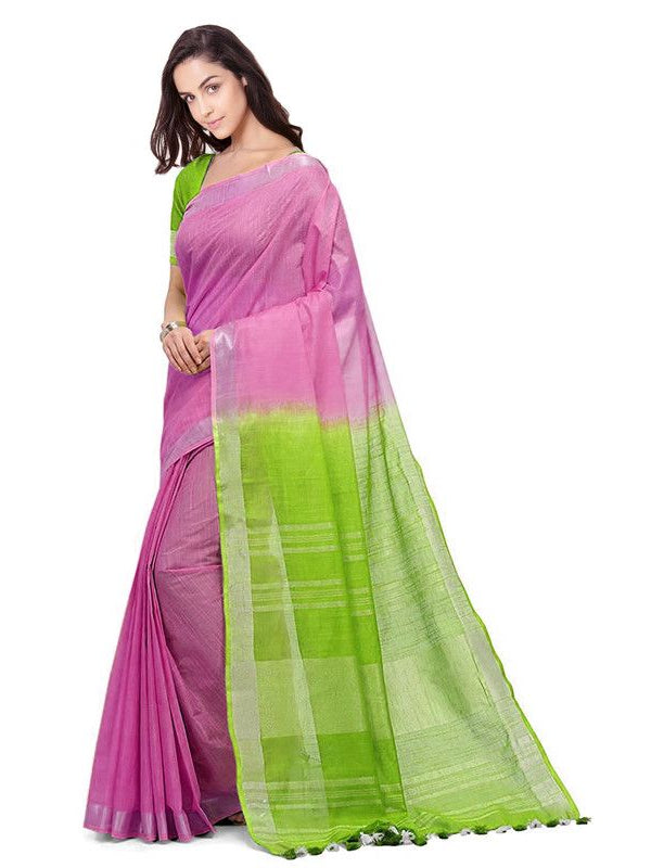 Fine Pink & Apple Green women's Bhagalpuri Handloom Ethnic Wear Linen Two Dye Saree With Running Unstitched Blouse Piece