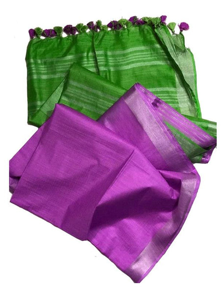 Kelly Green & Orchid Magenta Bhagalpuri Handloom women's Ethnic Wear Cotton Slub Blend Two Dye Saree With Running Unstitched Blouse Piece