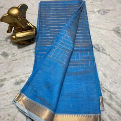 Bhagalpuri Handloom Cotton Silk Check Half Body Saree for women's (Curious_Blue)