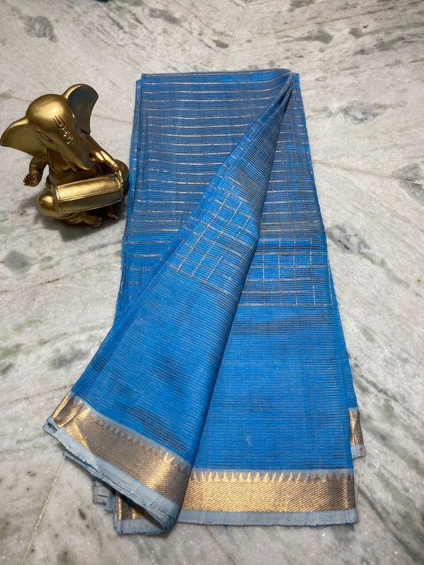 Bhagalpuri Handloom Cotton Silk Check Half Body Saree for women's (Curious_Blue)