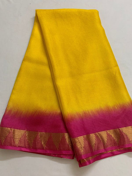 Temple Border Handloom Two Dye Organza Net Saree (Yellow_Hot_Pink)