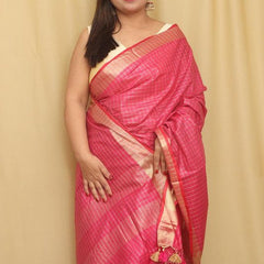 Bhagalpuri Linen Cotton Blend Check Saree with Contrast Blouse Piece - View 2