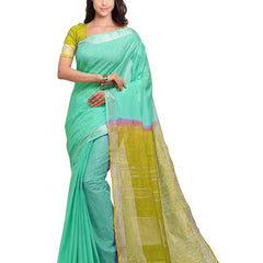 Aquamarine Turquoise & Pear Green women's Handloom Bhagalpuri Cotton Linen Blend Two Dye Saree With Running Unstitched Blouse Piece