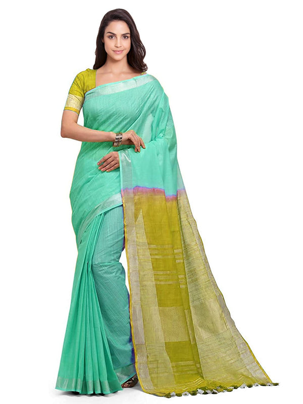 Aquamarine Turquoise & Pear Green women's Handloom Bhagalpuri Cotton Linen Blend Two Dye Saree With Running Unstitched Blouse Piece