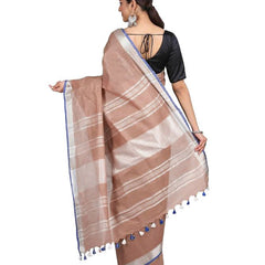 Women's Bhagalpuri Handloom Linen-Slub Saree With Contrast Blouse Piece (Sugar_Brown-Blue) - View 3