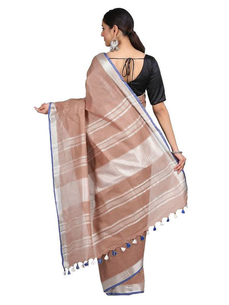 Women's Bhagalpuri Handloom Linen-Slub Saree With Contrast Blouse Piece (Sugar_Brown-Blue) - View 3