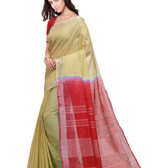 Buff Brown & Red women's Bhagalpuri Handloom Linen Slub Blend Two Dye Saree With Running Unstitched Blouse Piece - View 2