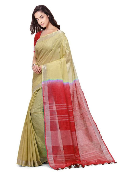 Buff Brown & Red women's Bhagalpuri Handloom Linen Slub Blend Two Dye Saree With Running Unstitched Blouse Piece - View 2