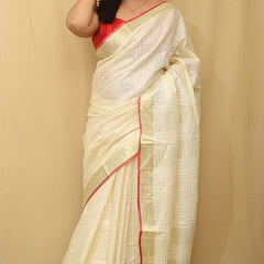 Gold Zari Check Pattern Handloom Bhagalpuri Linen Cotton Blend Saree - View 3