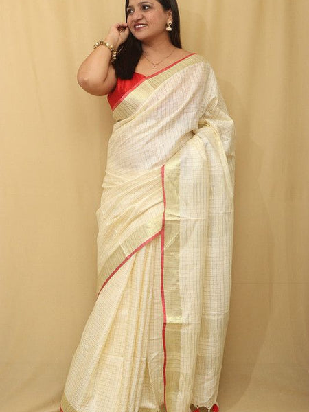 Gold Zari Check Pattern Handloom Bhagalpuri Linen Cotton Blend Saree - View 3