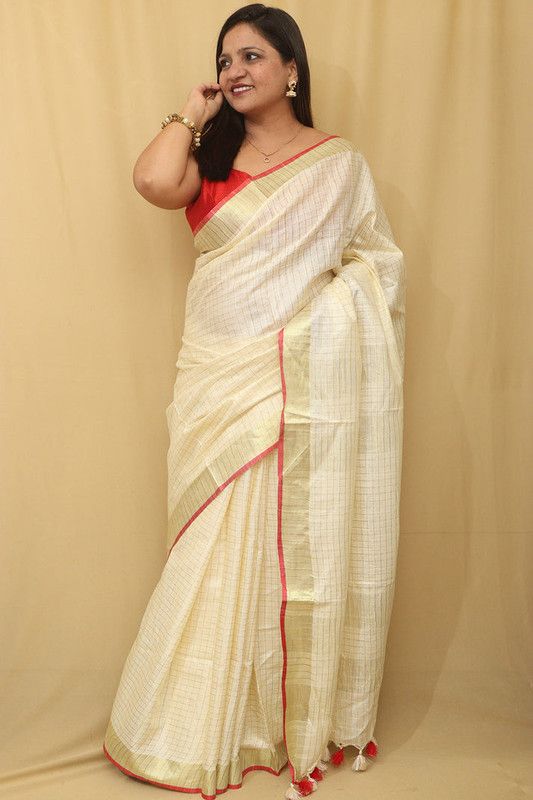 Gold Zari Check Pattern Handloom Bhagalpuri Linen Cotton Blend Saree - View 3