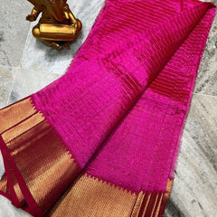 Cotton Silk Handloom Bhagalpuri Wide Border Check Saree (Gold-Deep_Pink)