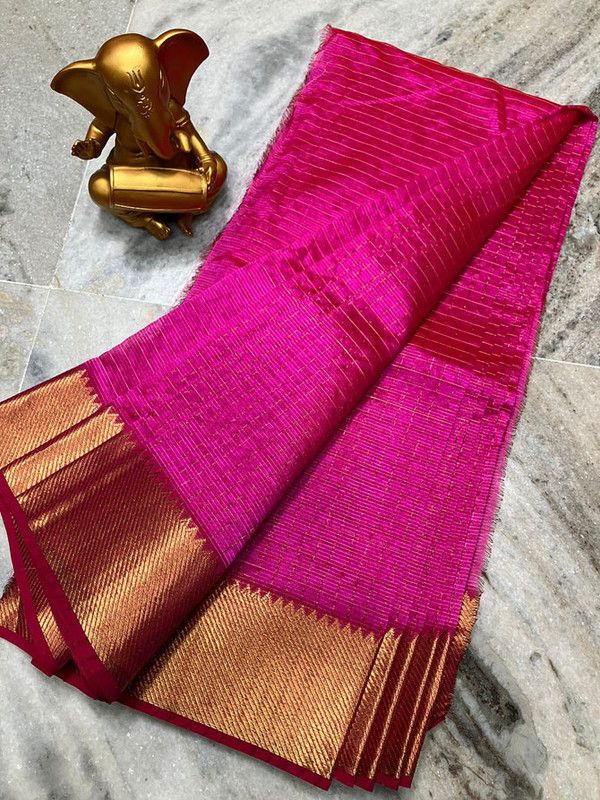 Cotton Silk Handloom Bhagalpuri Wide Border Check Saree (Gold-Deep_Pink)