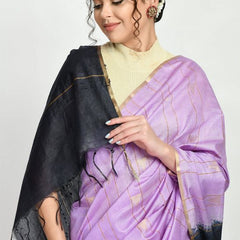 Bhagalpuri Handloom Semi Tussar Silk Tewo Dye Temple Motif Weaving Saree (Preine_Purple & Black) - View 4