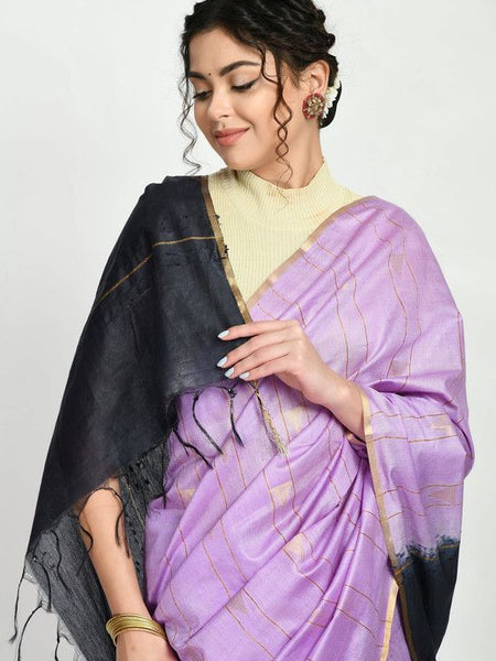 Bhagalpuri Handloom Semi Tussar Silk Tewo Dye Temple Motif Weaving Saree (Preine_Purple & Black) - View 4