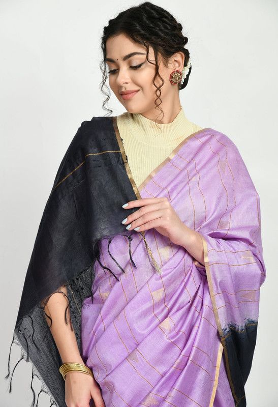 Bhagalpuri Handloom Semi Tussar Silk Tewo Dye Temple Motif Weaving Saree (Preine_Purple & Black) - View 4