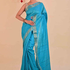 Handloom Bhagalpuri Silk Striped Sequins Saree with Blouse Piece (Cyan) - View 3