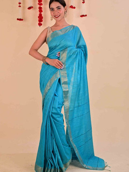 Handloom Bhagalpuri Silk Striped Sequins Saree with Blouse Piece (Cyan) - View 3