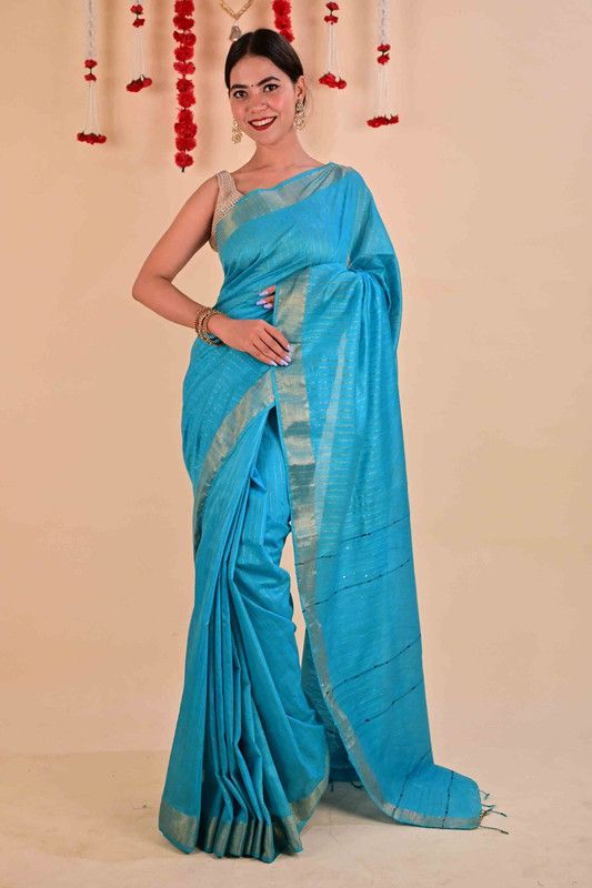 Handloom Bhagalpuri Silk Striped Sequins Saree with Blouse Piece (Cyan) - View 3