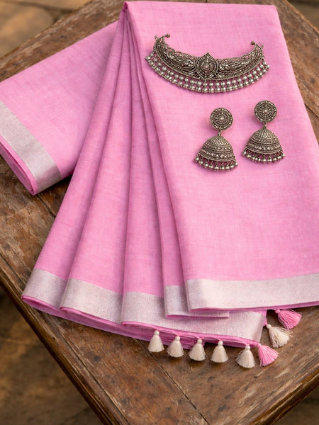 Bhagalpuri Handwoven Cotton-linen Blend Saree With Running Blouse Piece(Baby Pink)