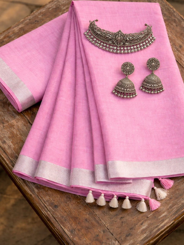 Bhagalpuri Handwoven Cotton-linen Blend Saree With Running Blouse Piece(Baby Pink)
