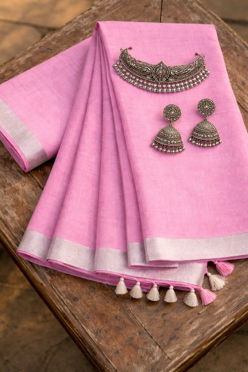 Bhagalpuri Handwoven Cotton-linen Blend Saree With Running Blouse Piece(Baby Pink)
