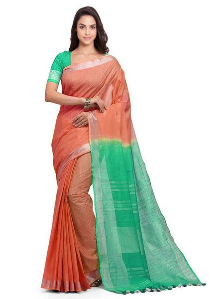 Tangelo Orange & Aquamarine Turquoise women's Bhagalpuri Handloom Linen Slub Blend Two Dye Saree With Running Unstitched Blouse Piece - View 2