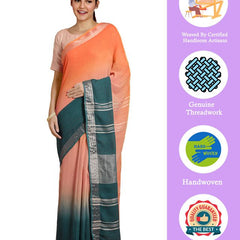 Mango Orange & Teal Green women's Bhagalpuri Handloom Linen Cotton Blend Two Dye Saree With Running Unstitched Blouse Piece - View 2