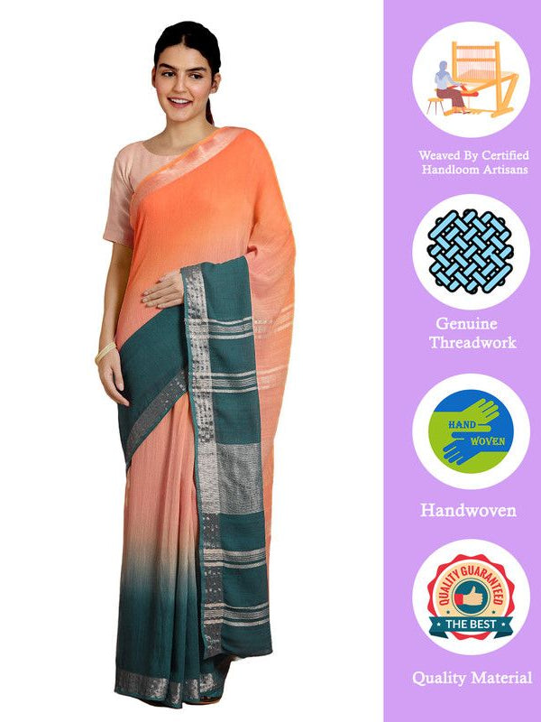 Mango Orange & Teal Green women's Bhagalpuri Handloom Linen Cotton Blend Two Dye Saree With Running Unstitched Blouse Piece - View 2