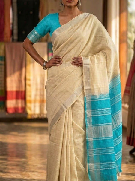 Elegant Linen Cotton Blend Saree for WDS | Cream Saree with Contrast Woven Pallu & Silver Zari Border | Traditional Ethnic Wear