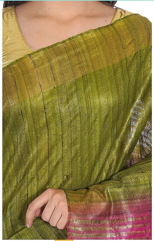 Tusasar Ghicha Bhagalpuri Silk Two Dye Saree (Sycam_Green & Hot_Pink) - View 5