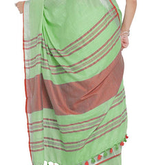 Light Green-Red women's Bhagalpuri Handloom Cotton Linen Blend Contrast Pallu Saree And Unstitched Contrast Blouse Piece - View 6