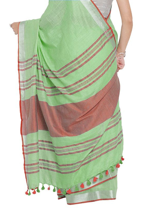 Light Green-Red women's Bhagalpuri Handloom Cotton Linen Blend Contrast Pallu Saree And Unstitched Contrast Blouse Piece - View 6