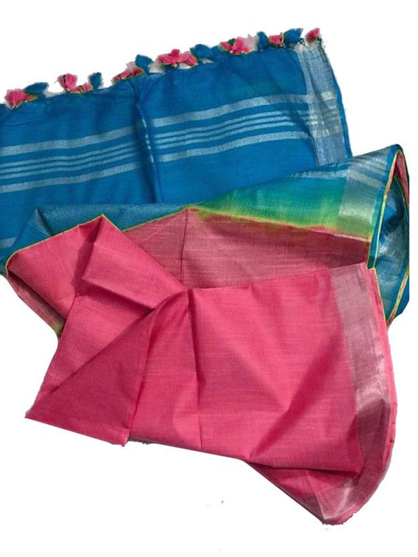 Mooonstone Cyan & Power Pink women's Bhagalpuri Ethnic Wear Handloom Cotton Linen Blend Zari Border Two Dye Saree With Running Unstitched Blouse Piece