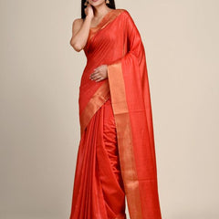 Handloom Tussar Munga Silk Handloom Blend Red Saree - View 2