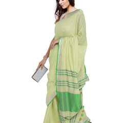 Mindaro Green-Green women's Bhagalpuri Handloom Cotton Linen Blend Contrast Pallu Saree And Unstitched Contrast Blouse Piece - View 3