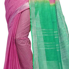 Flamingo Pink & Aquamarine Turquoise women's Bhagalpuri Handloom Linen Slub Blend Two Dye Saree With Running Unstitched Blouse Piece - View 5