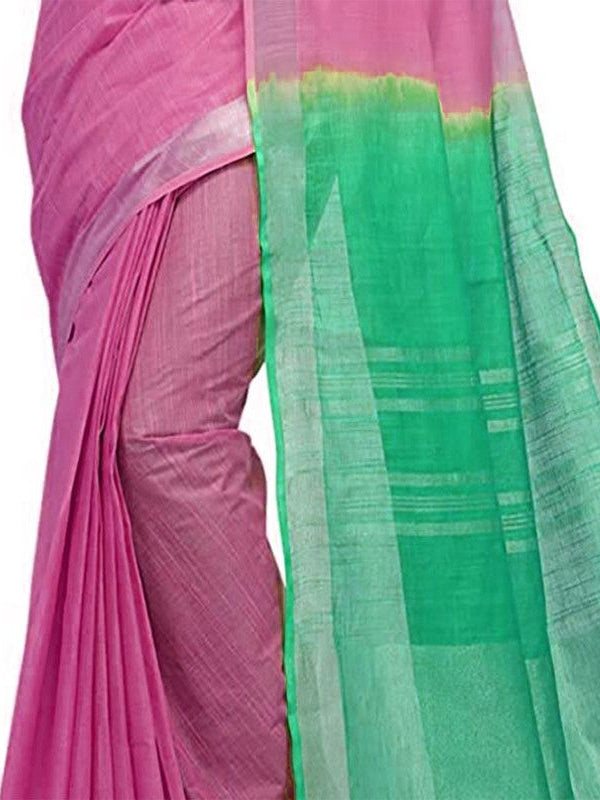 Flamingo Pink & Aquamarine Turquoise women's Bhagalpuri Handloom Linen Slub Blend Two Dye Saree With Running Unstitched Blouse Piece - View 5