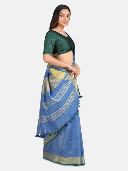 Linen Cotton Blend Contrast Handloom Bhagalpuri Saree for Women (Gold-Cove_Blue-Dark Green ) - View 5