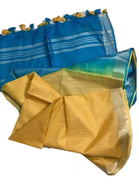 Mooonstone Cyan & Marigold Yellow women's Bhagalpuri Ethnic Wear Handloom Cotton Linen Blend Zari Border Two Dye Saree With Running Unstitched Blouse Piece - View 5
