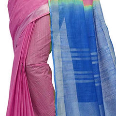 Thulian Pink & Azure Cyan women's Bhagalpuri Handloom Ethnic Wear Linen Two Dye Saree With Running Unstitched Blouse Piece - View 3