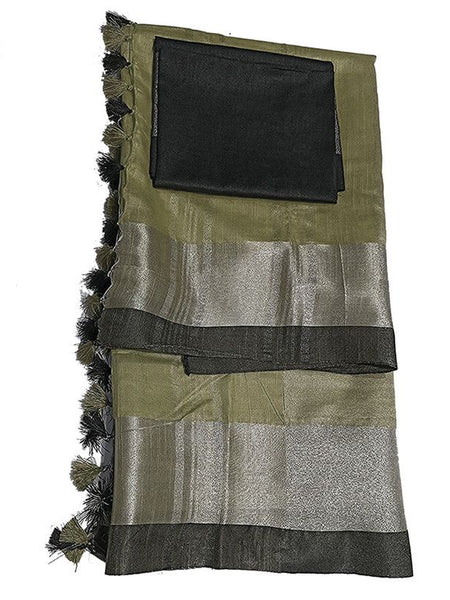 Moss Green Bhagalpuri Handloom women's Linen Slub Blend Saree With Black Pipin Contrast Blouse Piece - View 2