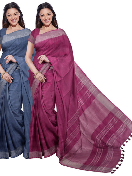 Lake Blue & Raspberry Pink women's Bhagalpuri Handloom Cotton-Linen Blend Saree Combo (Pack Of 2) With Running Unstiched Blouse Piece