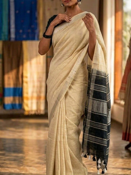 Elegant Linen Cotton Blend Saree for WDS | Cream Saree with Contrast Woven Pallu & Silver Zari Border | Traditional Ethnic Wear - View 4