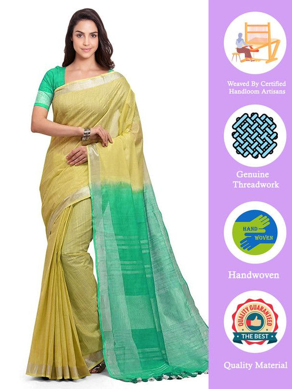 Sunflower Yellow & Aquamarine Turquoise women's Handloom Bhagalpuri Cotton Linen Blend Two Dye Saree With Running Unstitched Blouse Piece - View 2