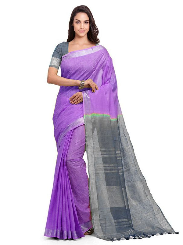 Lilac Purple & Grey women's Bhagalpuri Handloom Linen Slub Blend Two Dye Saree With Running Unstitched Blouse Piece - View 2
